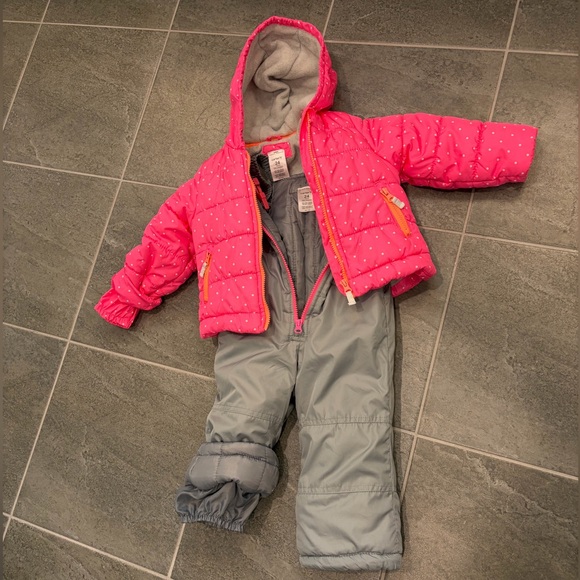 USED 24mo girls puffy snowsuit, Carter’s, pink/gray winter jacket & overalls - Picture 3 of 16